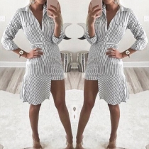 Fashion Long Sleeve POLO Collar Irregular Hem Striped Shirt