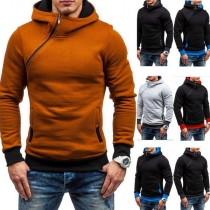 Fashion Contrast Color Long Sleeve Oblique Zipper Men's Hoodie