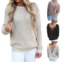 Sexy Backless Long Sleeve Round Neck Solid Color Sweater