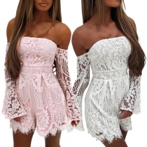 Sexy Off-shoulder Trumpet Sleeve High Waist Slim Fit Lace Romper
