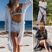 Fashion Solid Color Long Sleeve Long-style Knit Cardigan 