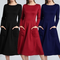 Elegant Solid Color Long Sleeve Round Neck High Waist Dress