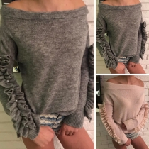 Sexy Off-shoulder Boat Neck Ruffle Long Sleeve Solid Color Sweater