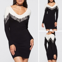 Fashion Contrast Color Long Sleeve V-neck Lace Spliced Tight Dress