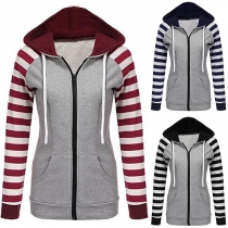 Fashion Contrast Color Striped Spliced Long Sleeve Hooded Sweatshirt Coat