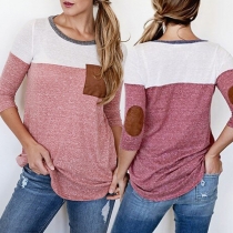 Fashion Contrast Color 3/4 Sleeve Round Neck Casual T-shirt 