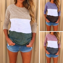 Fashion Contrast Color Long Sleeve Round Neck T-shirt 