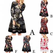 Fashion Long Sleeve Round Neck Gauze Spliced Hem Printed Dress 