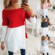 Fashion Contrast Color Long Sleeve Wide Neckline T-shirt