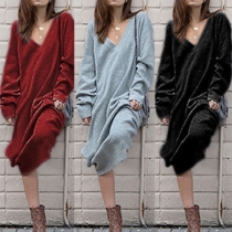Simple Style Long Sleeve V-neck Solid Color Loose Knit Dress
