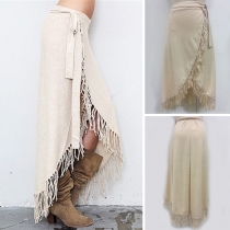 Fashion Solid Color High Waist Irregular Tassel Hem Skirt