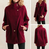 Fashion Solid Color Long Sleeve Stand Collar Overcoat