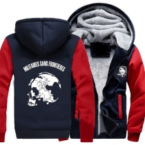 Fashion Contrast Color Printed Plush Lining Hooded Sweatshirt Coat for Men