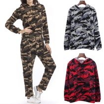 Fashion Camouflage Printed Long Sleeve Hoodie + Pants Two-piece Set