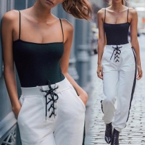 Fashion Contrast Color Lace-up High Waist Casual Sports Pants