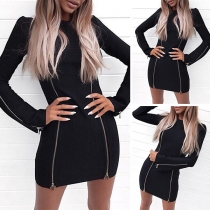 Elegant Solid Color Long Sleeve Round Neck Slim Fit Zipper Dress