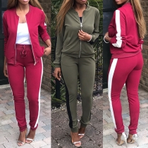 Fashion Contrast Color Long Sleeve Stand Collar Sweatshirt + Pants Two-piece Set