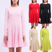 Elegant Solid Color Long Sleeve Round Neck High Waist Knit Dress