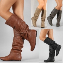 Fashion Solid Color Round Toe Flat Heel Boots