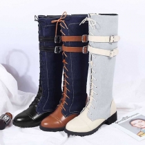 Retro Style Round Toe Flat Heel Lace-up Knight Boots