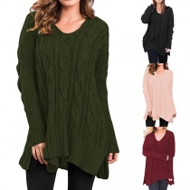Fashion Solid Color Long Sleeve V-neck High-low Hem Sweater