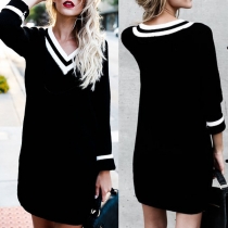 Fashion Contrast Color Long Sleeve V-neck Sweater Dress