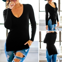 Sexy V-neck Slit Hem Long Sleeve Solid Color Knit Top 