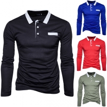 Fashion Contrast Color Long Sleeve POLO Collar Men's T-shirt
