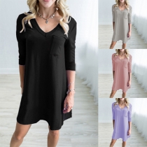 Simple Style 3/4 Sleeve V-neck Solid Color Dress