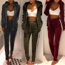 Fashion Contrast Color Long Sleeve Hooded Sweatshirt Coat + Pants Two-piece Set