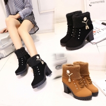 Fashion Thick Heel Round Toe Knit Spliced Lace-up Ankle Boots