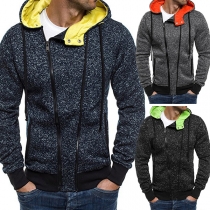 Fashion Contrast Color Long Sleeve Oblique Zipper Hooded Sweatshirt Coat for Men