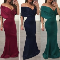 Sexy Off-shoulder V-neck High Waist Solid Color Evening Dress