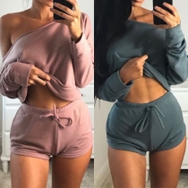 Sexy Off-shoulder Boat Neck Long Sleeve Sweatshirt + Shorts Two-piece Set