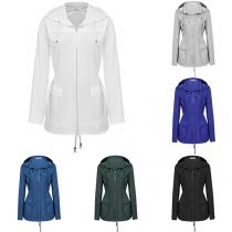 Fashion Solid Color Long Sleeve Hooded Waterproof Coat