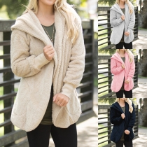 Fashion Solid Color Long Sleeve Hooded Plush Cardigan 
