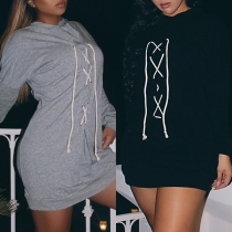 Chic Style Long Sleeve Solid Color Lace-up Hooded Sweatshirt Dress