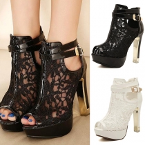Sexy High-heeled Peep Toe Hollow Out Lace Sandals