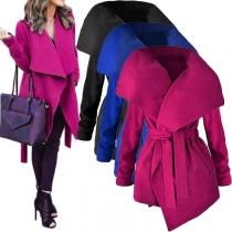 Fashion Solid Color Long Sleeve Lapel Woolen Coat With Waist Strap
