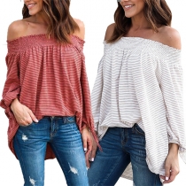 Sexy Off-shoulder Boat Neck Long Sleeve Striped Top