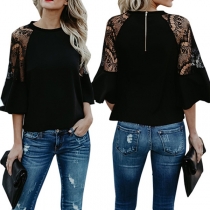 Fashion Lace Spliced Trumpet Sleeve Round Neck Solid Color Top