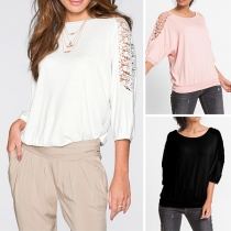 Fashion Lace Spliced 3/4 Sleeve Round Neck Solid Color T-shirt
