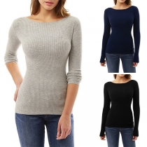 Fashion Solid Color Long Sleeve Irregular Hem Knit T-shirt