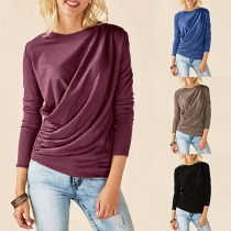 Fashion Solid Color Long Sleeve Round Neck Wrinkled T-shirt