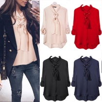 OL Style Long Sleeve High-low Hem Solid Color Chiffon Blouse