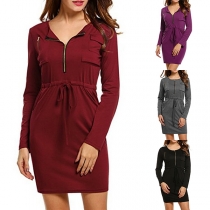 Fashion Solid Color Long Sleeve Drawstring Waist Slim Fit Dress