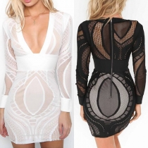 Sexy Deep V-neck Long Sleeve High Waist Slim Fit Lace Dress