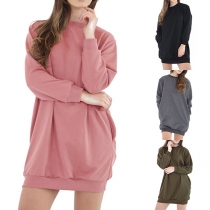 Fashion Solid Color Long Sleeve Round Neck Sweatshirt Dress