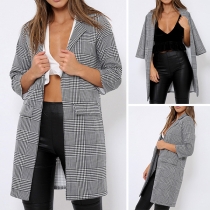 Fashion 3/4 Sleeve Notched Lapel Plaid Coat