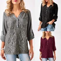 Fashion Long Sleeve V-neck High-low Hem Lace Spliced Blouse